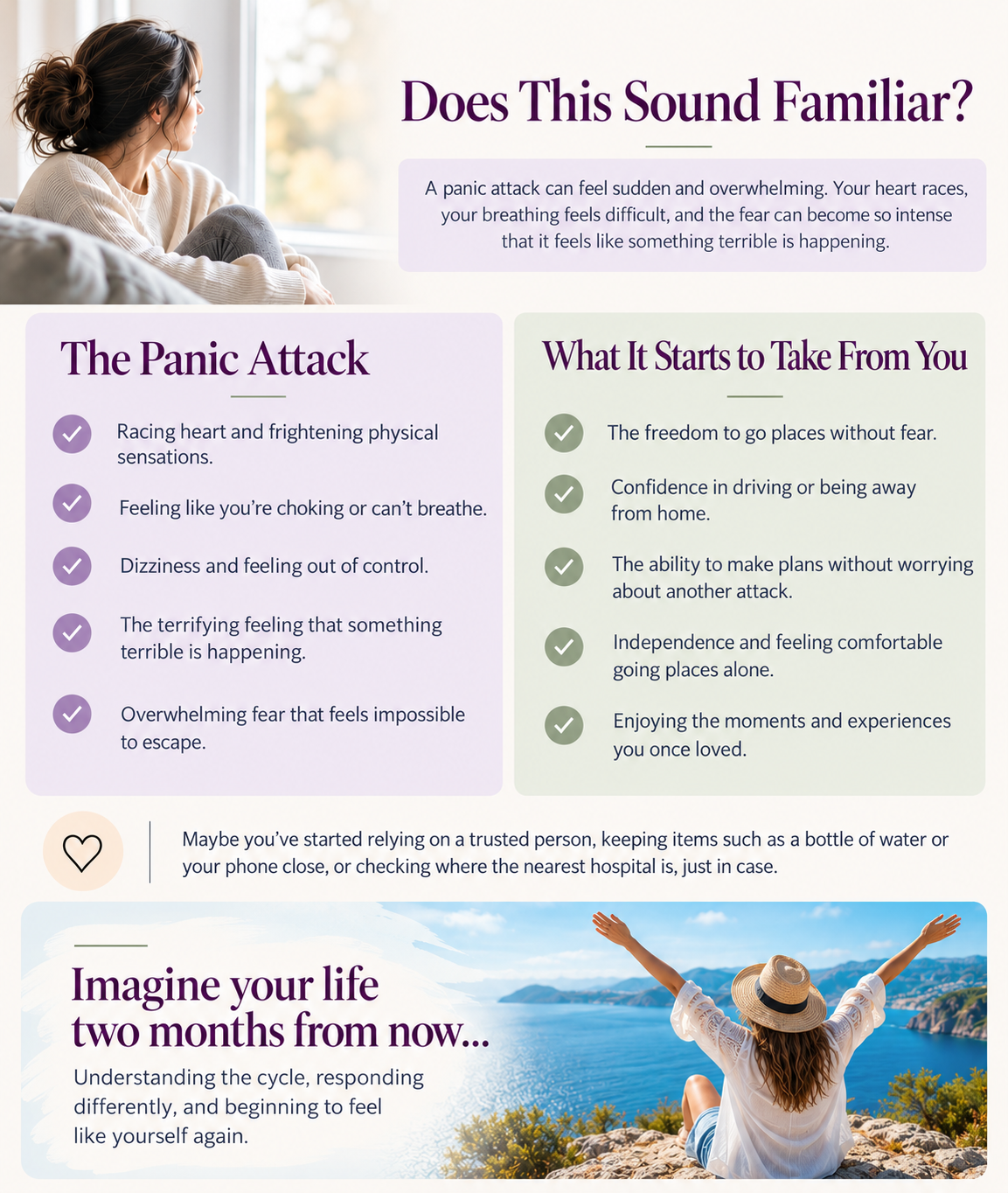 Does This Sound Familiar? The panic attack symptoms and the freedoms panic can take from you, followed by an ocean view and the words: Imagine your life two months from now...